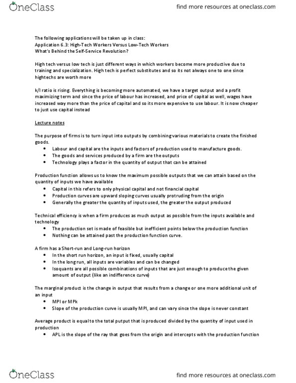 Economics 2150A/B Lecture Notes - Lecture 6: Diminishing Returns, Production Function, Indifference Curve thumbnail