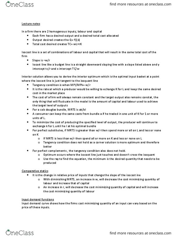 Economics 2150A/B Lecture Notes - Lecture 7: Isocost, Tangent, Isoquant thumbnail