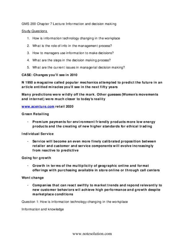 GMS 200 Lecture Notes - Decision Support System, Customer Relationship Management, Knowledge Worker thumbnail