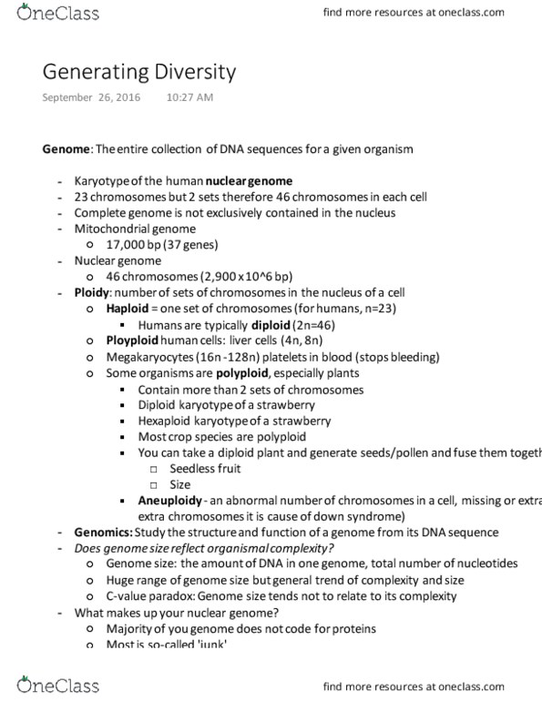 Biology 1201A Lecture Notes - Lecture 5: Seedless Fruit, Noncoding Dna, Polyploid thumbnail