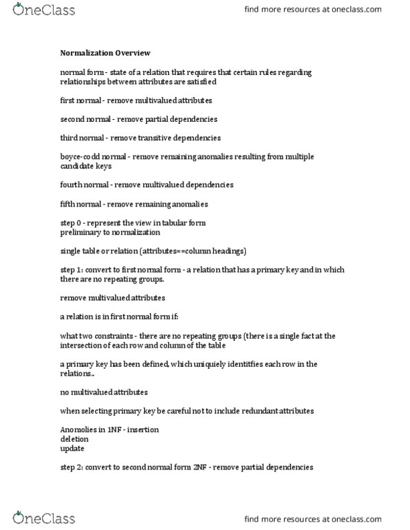 MIS 325 Lecture Notes - Lecture 1: Multivalued Dependency, Second Normal Form, Functional Dependency thumbnail