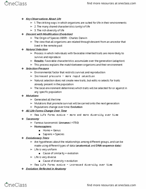 LIFE 102 Lecture Notes - Lecture 16: Carl Linnaeus, Natural Selection, Environmental Factor thumbnail