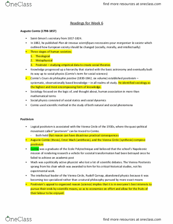 SOCY 122 Chapter Notes - Chapter 6: Auguste Comte, Logical Positivism, Ernst Mach thumbnail