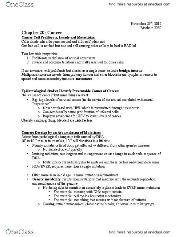 Biochemistry 2280A Chapter Notes - Chapter 20: Tumor Suppressor Gene, Benign Tumor, Cell Cycle Checkpoint thumbnail