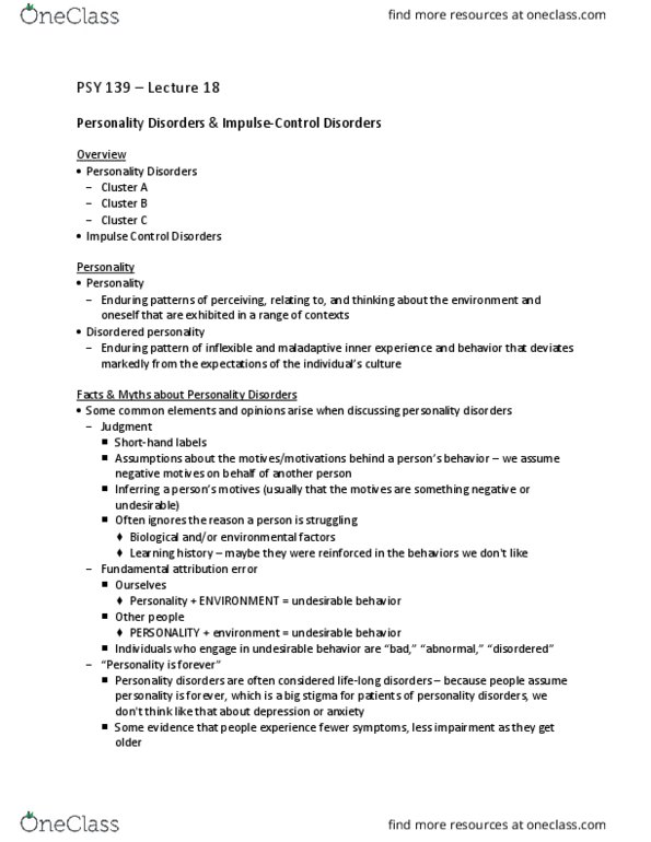 PSY 139 Lecture Notes - Lecture 18: Schizoid Personality Disorder, Schizotypal Personality Disorder, Histrionic Personality Disorder thumbnail