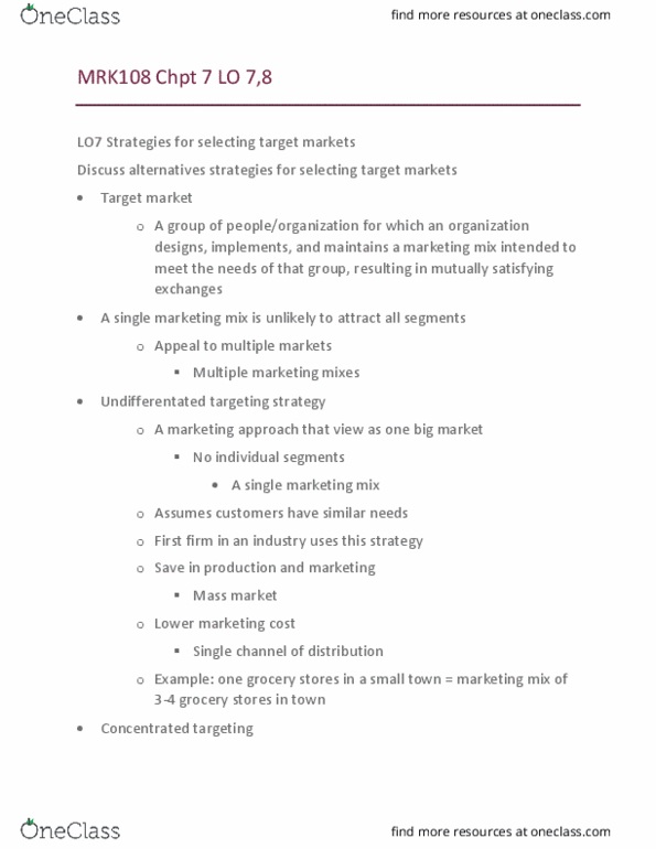 Accounting MRK108 Chapter Notes - Chapter 7.7.8: Marketing Mix, Target Market, Product Design thumbnail