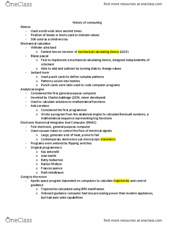 EECS 1520 Lecture Notes - Lecture 1: Apollo Program, Wilhelm Schickard, Betty Holberton thumbnail