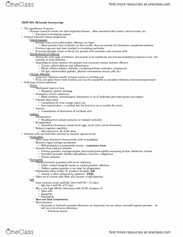 IMIN405 Lecture 7: Helminth Immunology Notes thumbnail