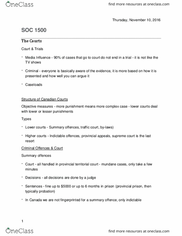 SOC 1500 Lecture Notes - Lecture 9: Indictable Offence, Crown Attorney, Summary Offence thumbnail