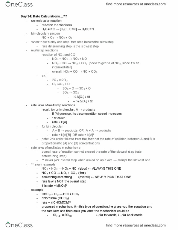 CHEM 1050 Lecture Notes - Lecture 35: Rate-Determining Step, Rate Equation, Molecularity thumbnail