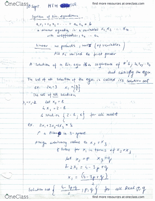 MTH 108 Lecture Notes - Lecture 1: Linear Equation, Solution Set thumbnail