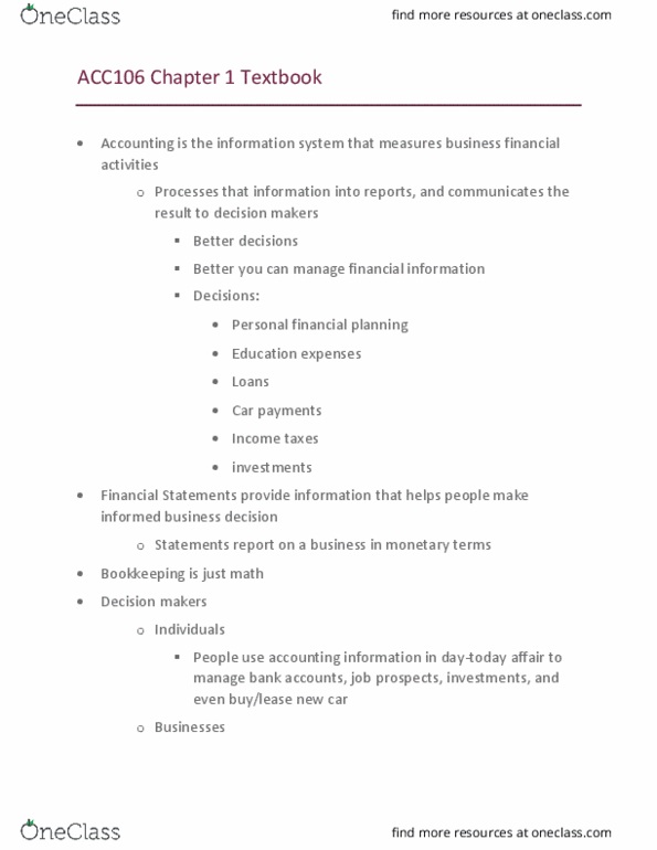 Public Administration - Municipal ACC106 Chapter Notes - Chapter 1.1: Financial Statement, Bookkeeping thumbnail