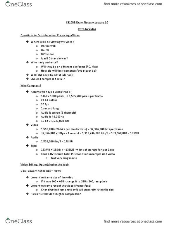 Computer Science 1033A/B Lecture Notes - Lecture 12: Adobe Flash Media Server, Vp6, H.263 thumbnail