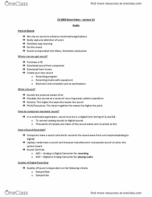 Computer Science 1033A/B Lecture Notes - Lecture 13: Sound Card, Lossy Compression, Sound thumbnail