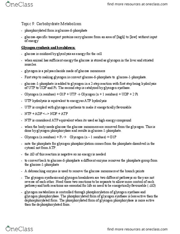 Biochemistry 2280A Chapter Notes - Chapter 9: 2-Step Garage, Oxaloacetic Acid, Glycogen Phosphorylase thumbnail