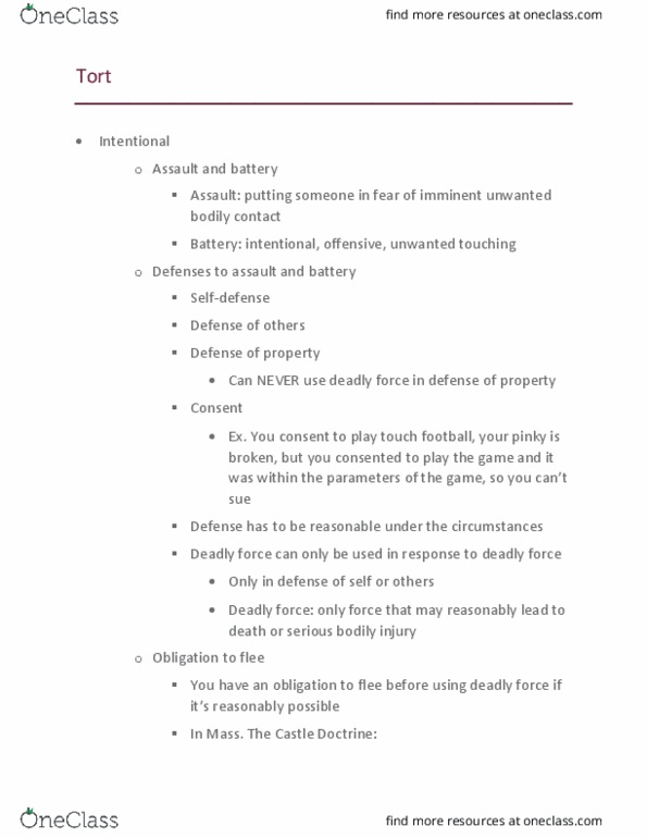 MANAGMNT 260 Lecture Notes - Lecture 17: The Castle Doctrine, Deadly Force, Comparative Negligence thumbnail