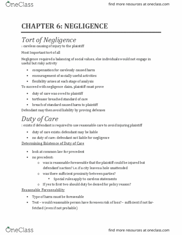 LAW 122 Lecture Notes - Lecture 6: Lightning, Reasonable Person, Contributory Negligence thumbnail