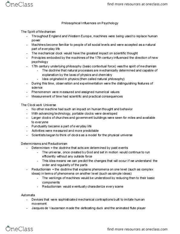 PSY 3121 Chapter Notes - Chapter 2: Reflex, Jacques De Vaucanson, Determinism thumbnail