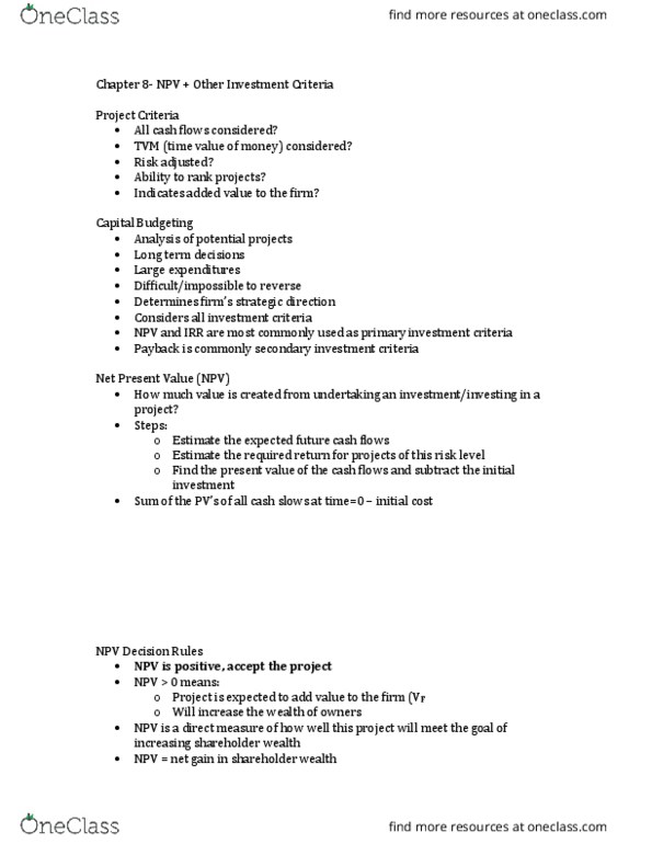 FIN 3901 Lecture 8: Chapter 8- NPV + Other Investment Criteria thumbnail