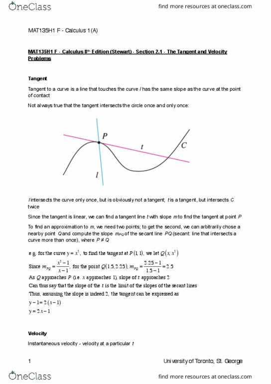 MAT135H1 Chapter 2.1: Calculus 8E Section 2.1 Notes thumbnail