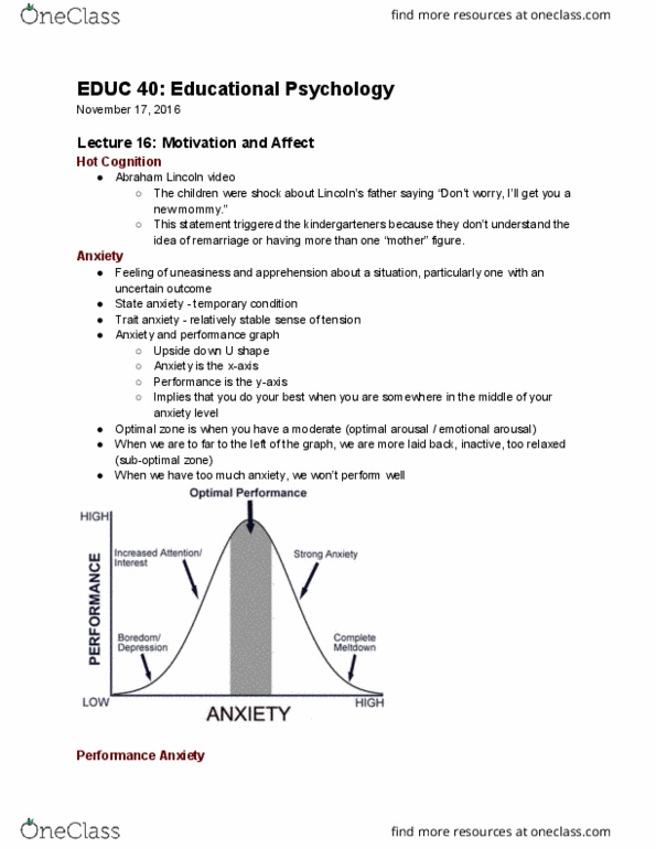 EDUC 40 Lecture Notes - Lecture 16: Situated Cognition, Motivation, Test Anxiety thumbnail