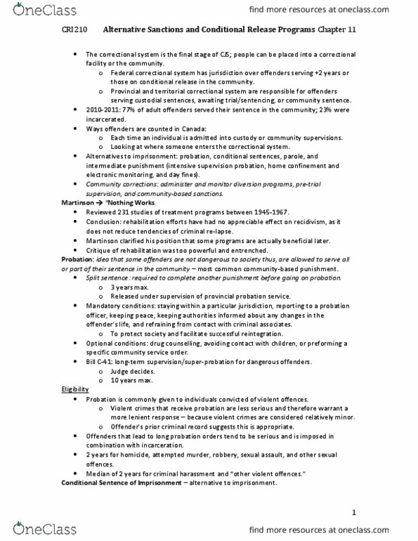 CRI210H1 Chapter Notes - Chapter 11: Procedural Justice, Mental Disorder, Community Service thumbnail