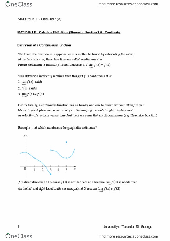 MAT135H1 Chapter Notes - Chapter 2.5: Oliver Heaviside, Intermediate Value Theorem, Function Composition thumbnail