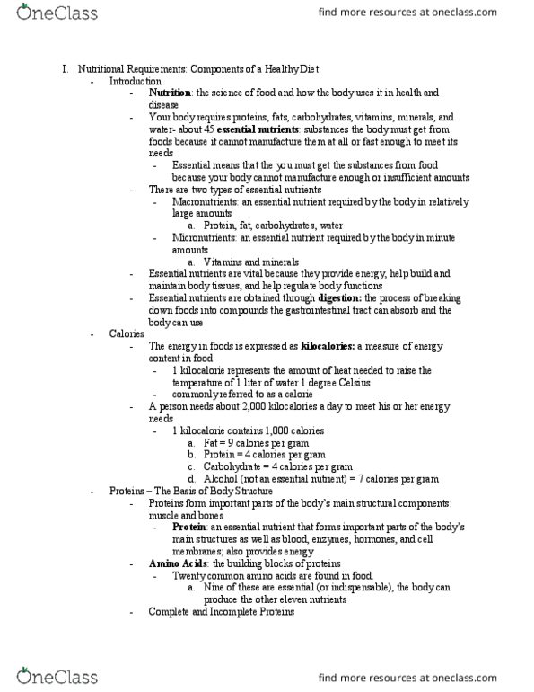 WELL 175 Lecture Notes - Lecture 1: Nutrient, Calorie, Carbohydrate thumbnail