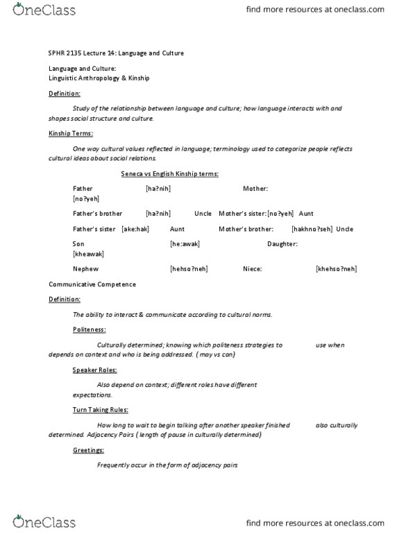 SPHR 2130 Lecture Notes - Lecture 14: Emic And Etic, Implicature, Linguistic Anthropology thumbnail