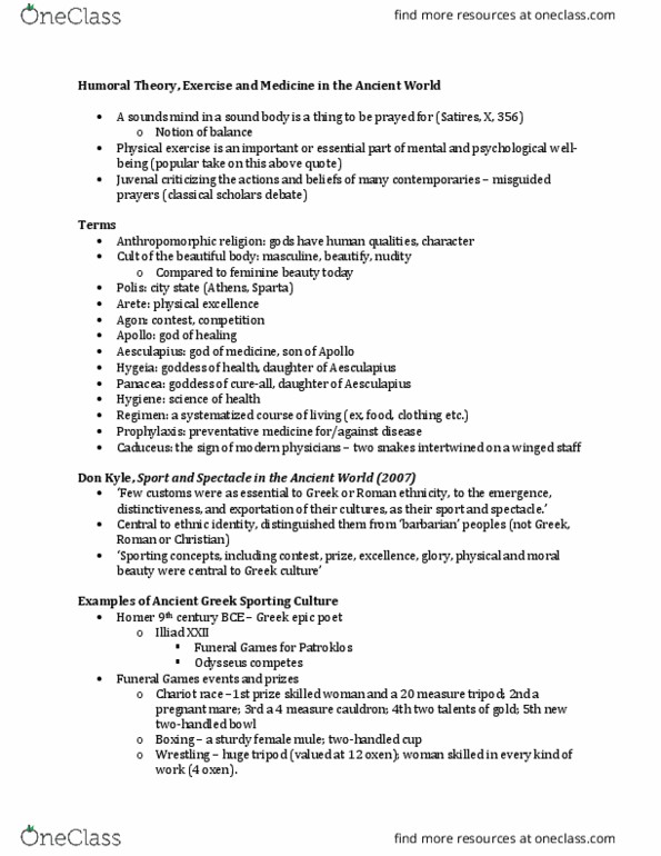 HISTORY 3S03 Lecture Notes - Lecture 2: Herodicus, Bloodletting, Pierre De Coubertin thumbnail