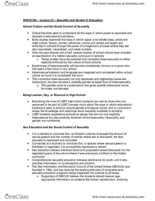SOCIOL 106 Lecture Notes - Lecture 23: School, Sex Segregation, Sexuality Information And Education Council Of The United States thumbnail