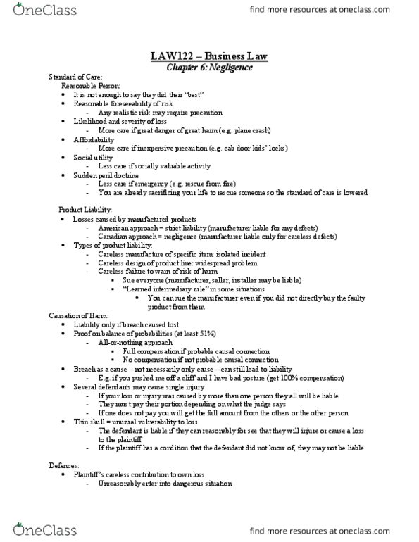 LAW 122 Lecture Notes - Lecture 6: Damages, Statutory Authority, Product Liability thumbnail