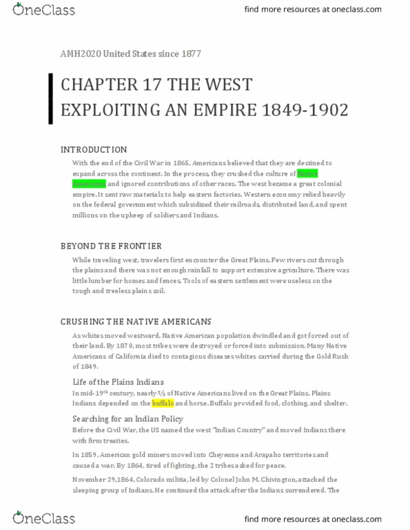 AMH 2020 Chapter Notes - Chapter 17: Ore, Homestead Acts, Alcoholism thumbnail