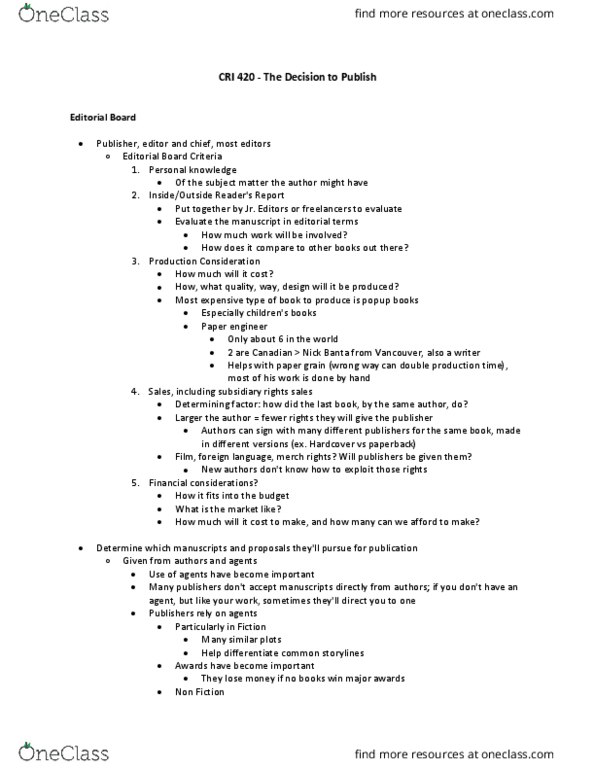 CRI 420 Lecture Notes - Lecture 3: Cover Letter, Penguin Group thumbnail