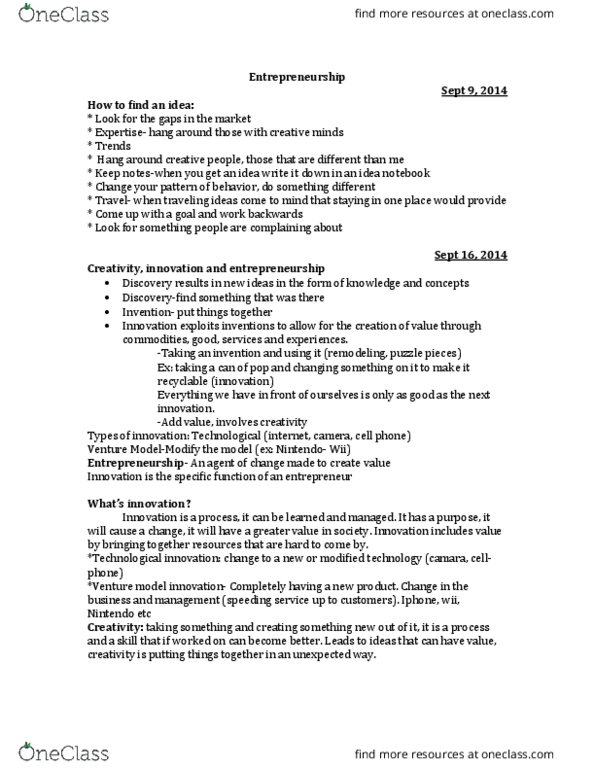 ENTR 2301 Lecture Notes - Lecture 1: Fax, Target Market, Value Chain thumbnail