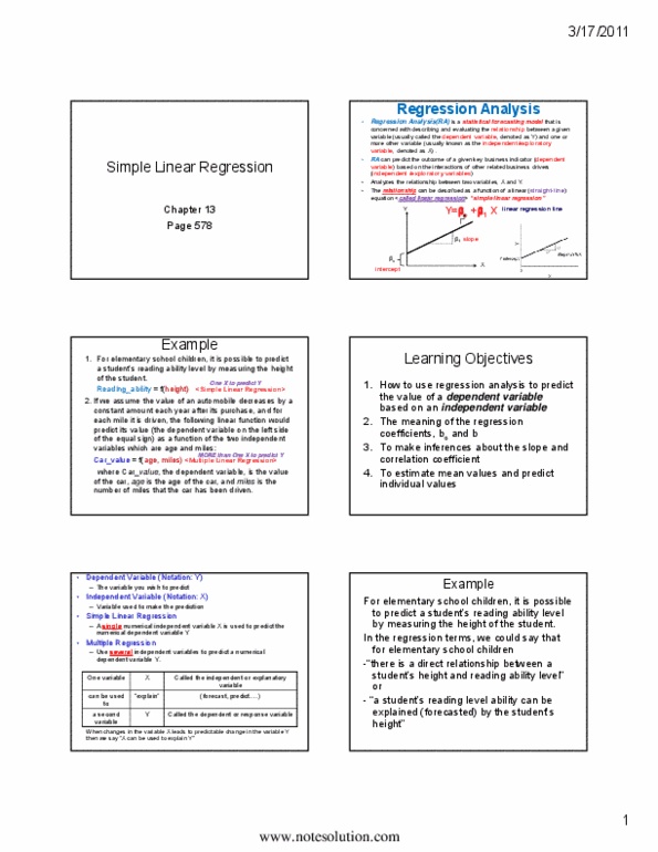 QMS 202 Lecture Notes - Lecture 8: Simple Linear Regression, Linear Regression, Regression Analysis thumbnail