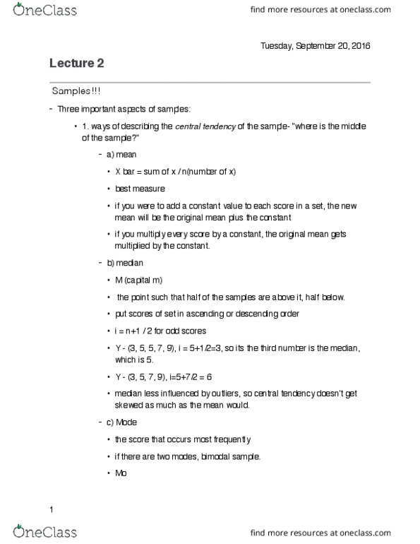 Psychology 2810 Lecture Notes - Lecture 2: Standard Deviation, Central Tendency, Standard Score thumbnail