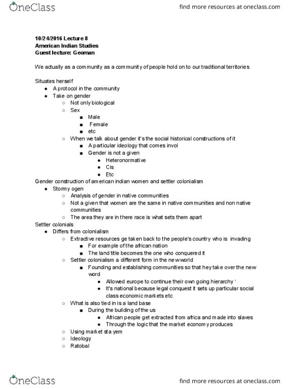 AMER IND M10 Lecture Notes - Lecture 8: Violence Fight, Forced Prostitution, Settler Colonialism thumbnail