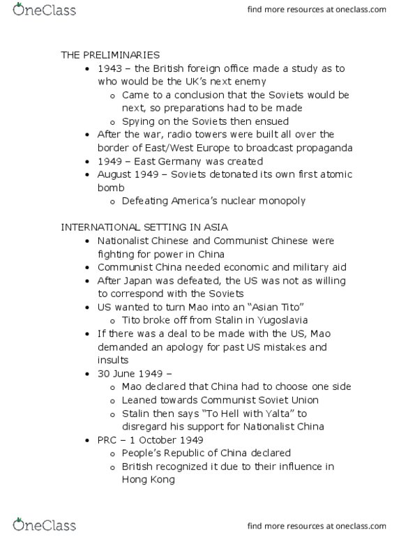 HIS344Y1 Lecture Notes - Lecture 5: Kim Il-Sung, Foreign And Commonwealth Office, Nuclear Warfare thumbnail