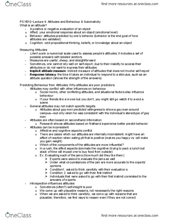 PSYB10H3 Lecture Notes - Lecture 4: Heart Rate, Cognitive Dissonance, Implicit Attitude thumbnail