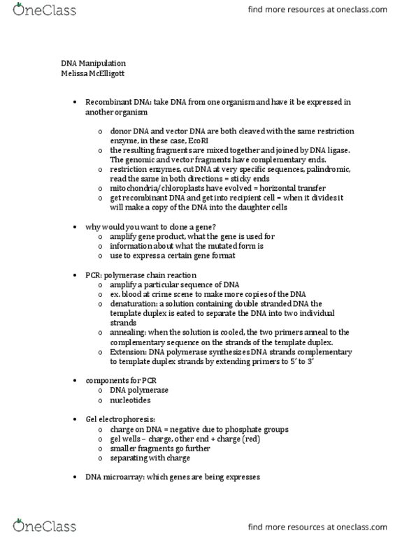 BIOL 1107 Lecture Notes - Lecture 25: Sanger Sequencing, Dna Microarray, Telomerase thumbnail