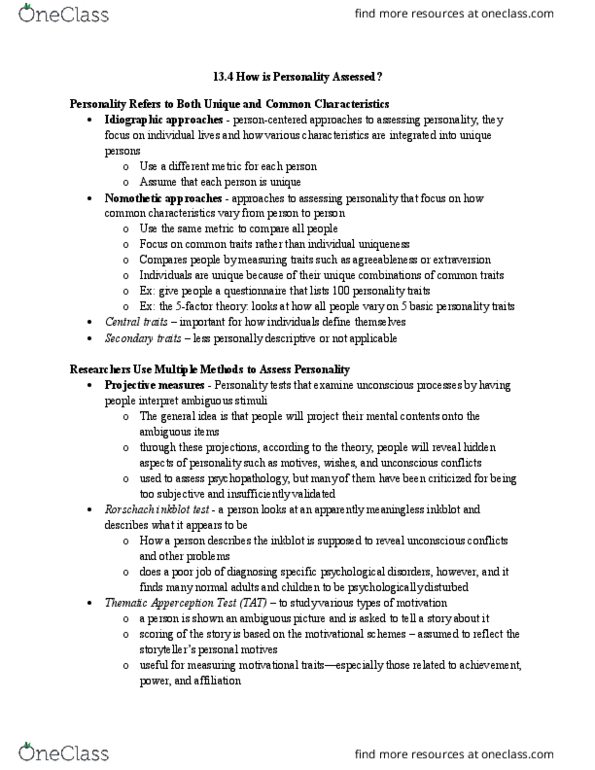 U09 Psych 100 Chapter Notes - Chapter 13.4: James W. Pennebaker, Rorschach Test, Thematic Apperception Test thumbnail