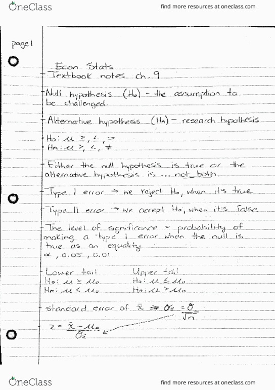 ECON 2330 Chapter Notes - Chapter 9: Test Statistic thumbnail