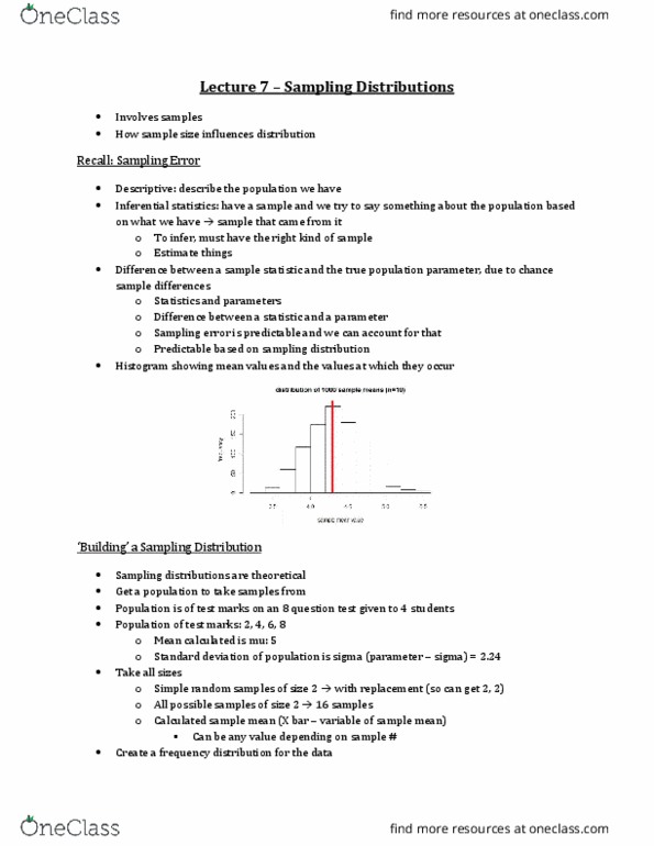 Biology 2244A/B Lecture Notes - Lecture 7: Central Limit Theorem, Sampling Distribution, Statistical Inference thumbnail