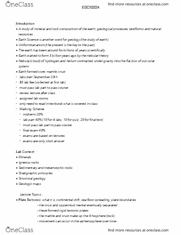 Earth Sciences 1022A/B Lecture Notes - Lecture 1: Magnetite, Uraninite, Kerogen thumbnail