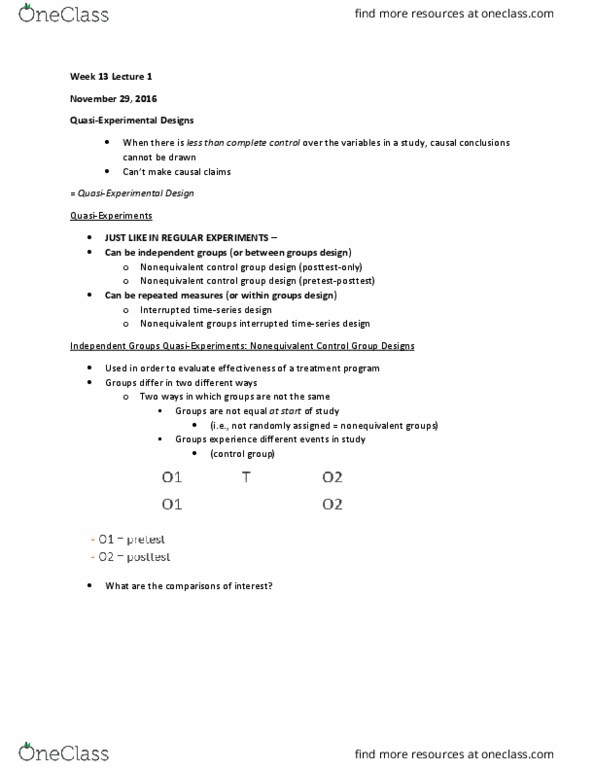 PSYCH291 Lecture Notes - Lecture 21: Internal Validity, Observer-Expectancy Effect, Wait List thumbnail