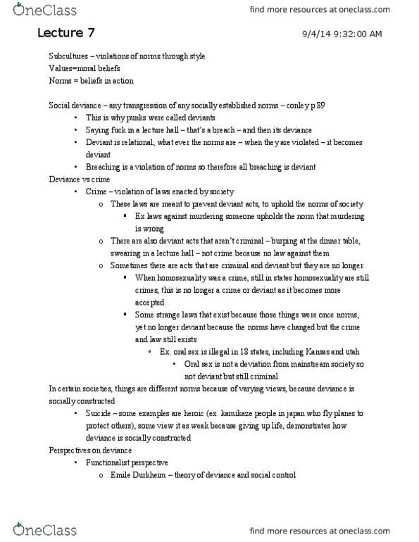 CAS SO 100 Lecture Notes - Lecture 7: Labeling Theory, Mechanical And Organic Solidarity, Shared Belief thumbnail