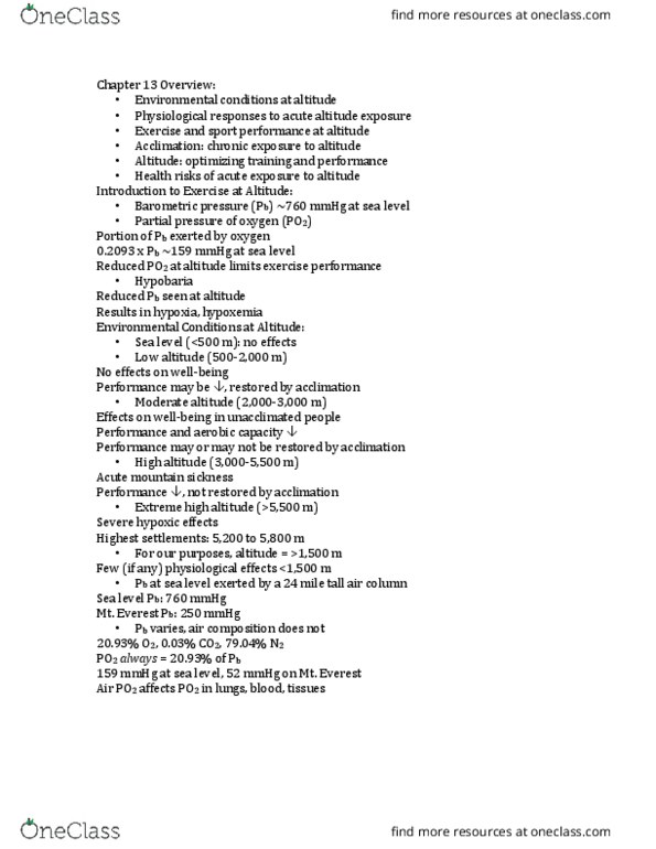 ES 380 Lecture Notes - Lecture 13: High-Altitude Cerebral Edema, Skeletal Muscle, Hypoxic Pulmonary Vasoconstriction thumbnail