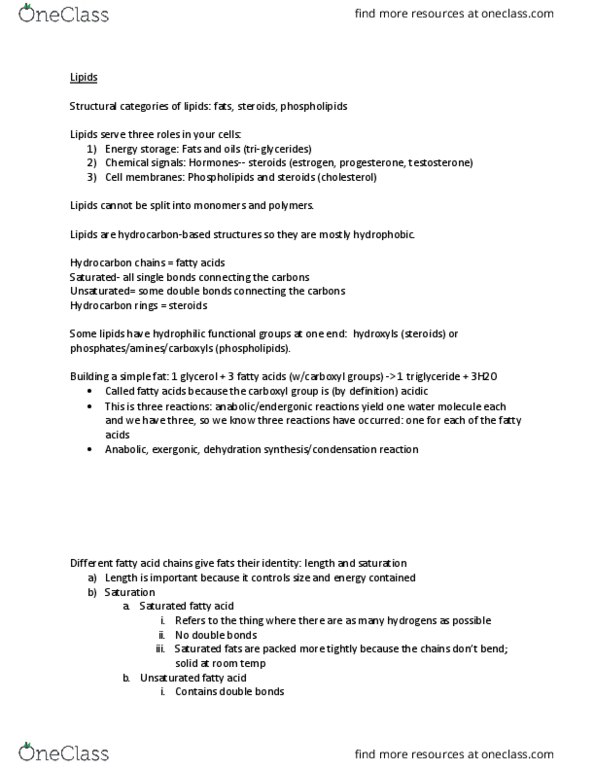 BIOL-103 Lecture Notes - Lecture 8: Amphiphile, Vitamin, Unsaturated Fat thumbnail