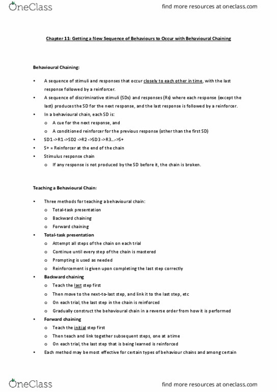 PSYB45H3 Chapter Notes - Chapter 11: Stimulus Control, Backward Chaining, Forward Chaining thumbnail